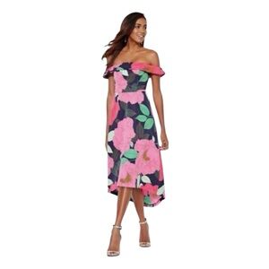 Off-Shoulder Pink Floral Midi Dress